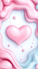 Love themed fluid art with elegant glossy heart and abstract waves on white background. Pastel pink glossy texture