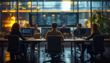 Innovation Workspace Team Analyzing Data on Screen in Modern Office