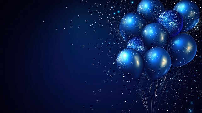 Blue balloons celebration, dark background, festive event