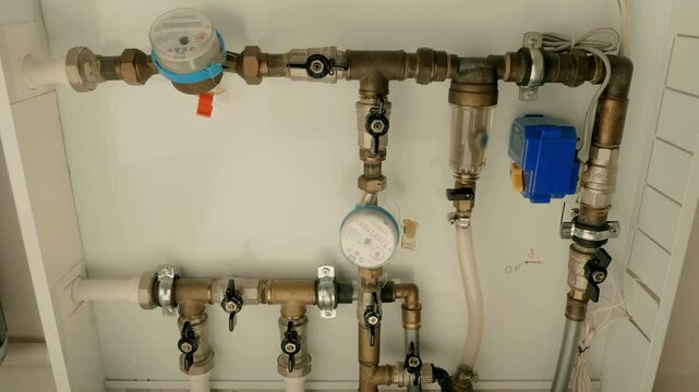 The unit for control, distribution and purification of cold water in the house, which includes meters, taps, filters, pressure gauge, metal pipes and a system for emergency shut-off of water in case 