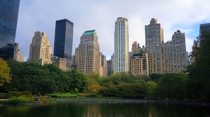 Obraz premium Manhattan Skyline Reflected in Central Park Pond