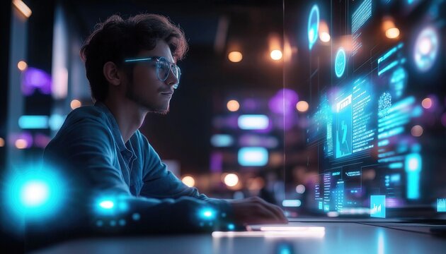 Innovation Workspace Programmer Coding on Digital Interface in Modern Office