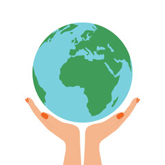 Hands holding planet Earth in flat style