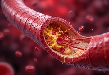 3D illustration of a blood vessel affected by atherosclerosis, showing plaque buildup and red blood cells in a detailed, cross-sectional view.