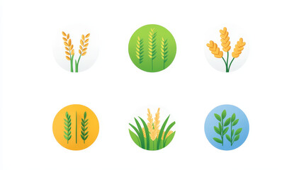 Cereal ear spike icons of wheat barley, rye millet and rice, vector agriculture farm arable field. Organic cereal food and bio farm grain product emblems with green field for bakery bread or flour