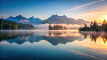 Fototapeta premium serene lake at dawn with misty mountains in the background, sky, scenery, sky, scenery, calm, water, mountains, tranquil , outdoor