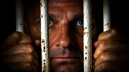 Man Gripping Prison Bars with Intense Expression in Dark Setting