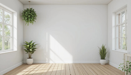 white empty room with wooden floor and green home plants. Scandinavian interior design. 3D illustration