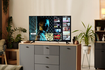 Watching Videos on Modern Flat-Screen TV in Cozy Living Room