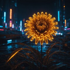A neon-golden flower glowing in a cyberpunk cityscape.