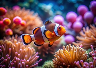 High-depth-of-field underwater shot: vibrant clownfish, detailed, stunning colors.