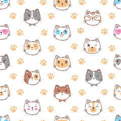 Hand drawn seamless pattern vector cat portrait. Vector hand drawn cute children seamless pattern