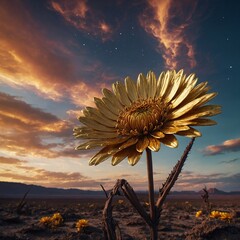 A metallic gold flower thriving on an alien planet with a surreal, vibrant sky.