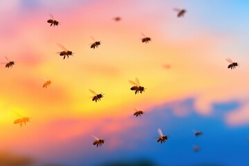 Obraz premium Dancing bees in flight against a vibrant evening sky filled with colors and serenity as day transitions to night. Generative AI