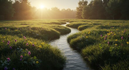 Serene Sunset Meadow Stream Landscape Photography