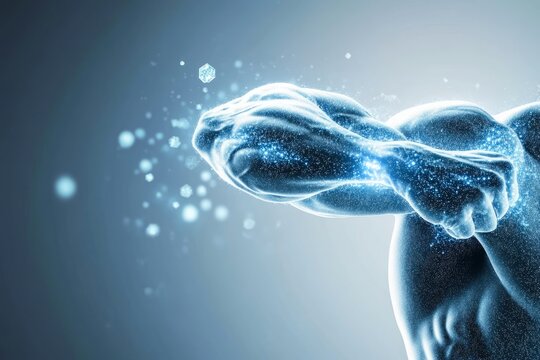 Abstract image of glowing biceps and fist demonstrating increasing testosterone levels and muscle strength