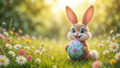 Cute bunny holding colorful Easter egg surrounded by flowers in sunny spring garden