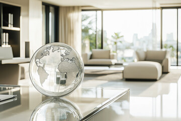 Modern minimalist office space featuring a sleek glass desk and a transparent globe in a stylish and serene environment