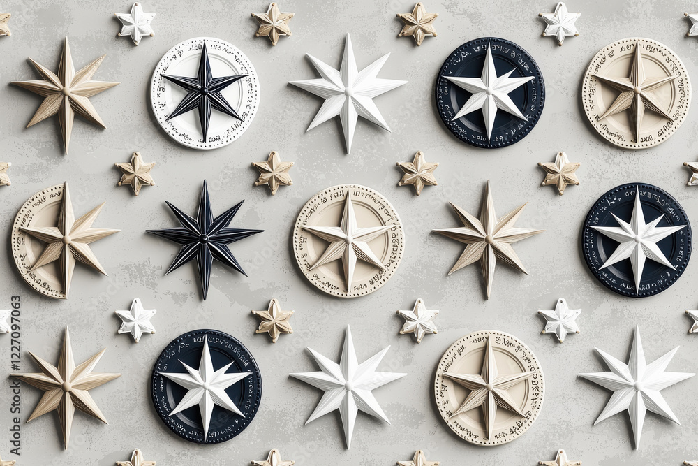 Aufkleber minimalist nautical pattern featuring compasses and stars on a soft gray background in modern design
