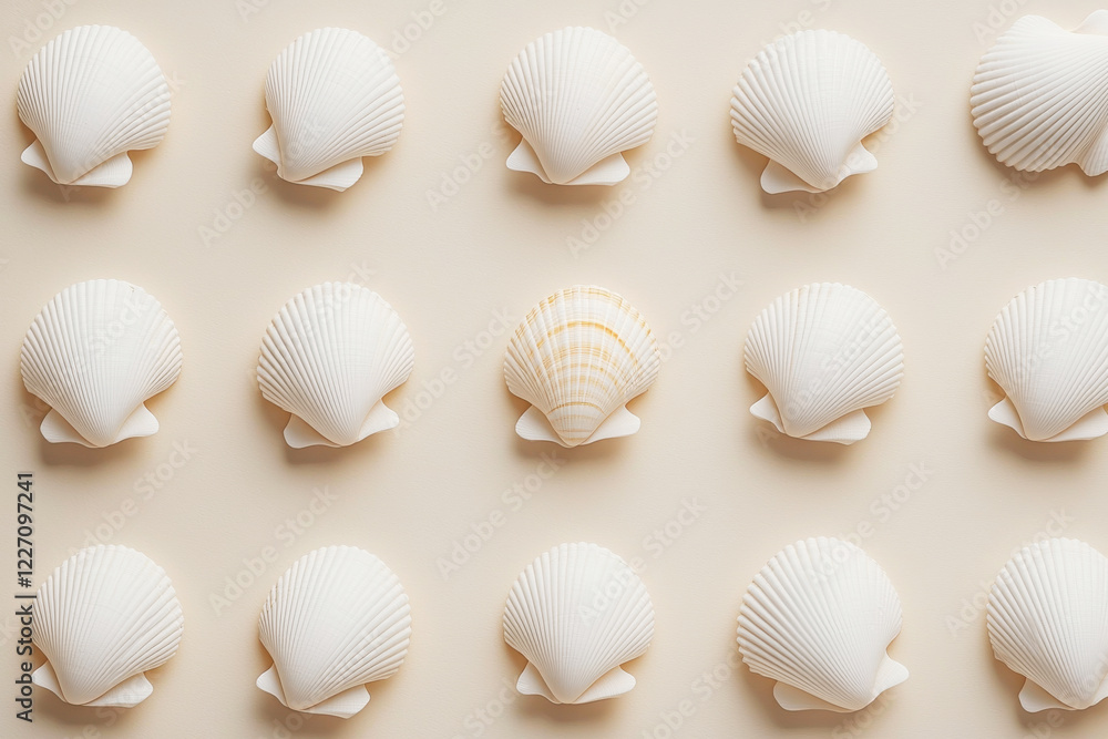 Poster minimalist nautical pattern featuring elegant seashells on a pale sandy background in soft white and