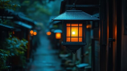 Rainy night, lantern-lit alley, Japan, serene atmosphere, travel photo