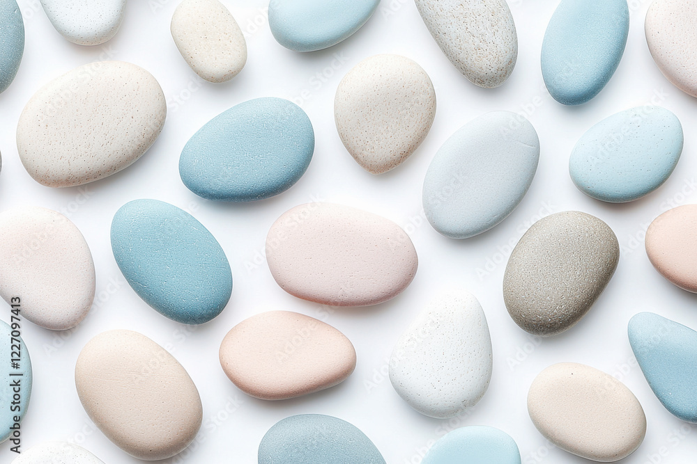 Poster minimalist nordic pattern of smooth pebble-like shapes in soft pastel tones on a white background