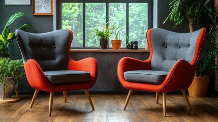 Red & grey armchairs, window view, plants, interior design, home decor