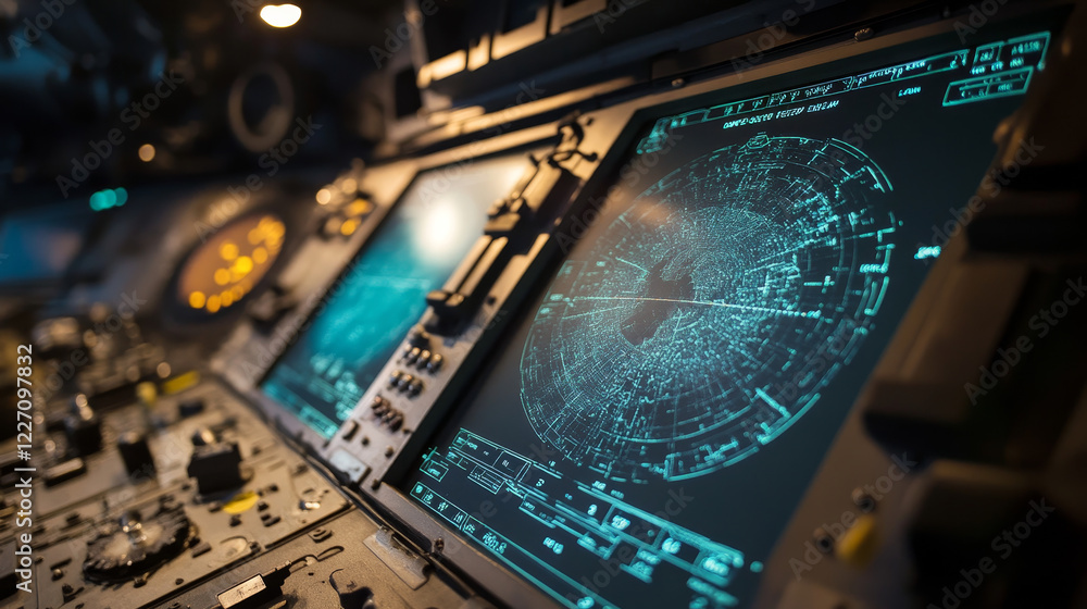 Poster hud military traffic control, radar or sonar display screen interface. navigation digital vector mon