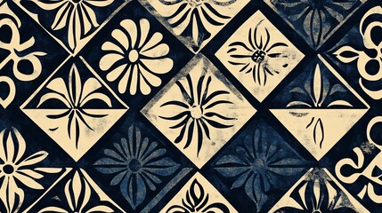 Elegant floral pattern with a repeating diamond motif in deep blue and beige tones