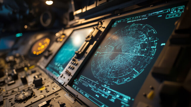 HUD military traffic control, radar or sonar display screen interface. Navigation digital vector monitors with blue neon radar grid, map, target and blip objects, submarine, airplane navigation system