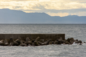 Protective concrete blocks in the Osaka Bay, protecting the shoreline from high waves and tsunamis...