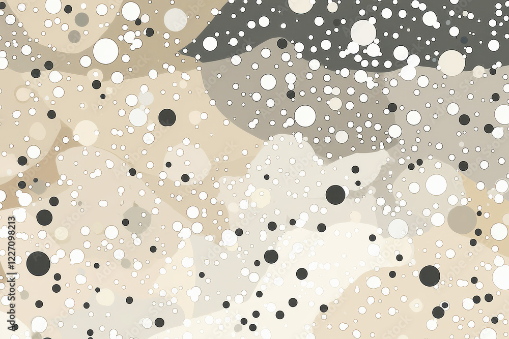 Poster dynamic arrangement of minimalist dots in beige, white, and charcoal tones on a soft taupe backgroun