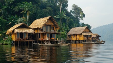 Obraz premium Overwater Tropical Bamboo Houses In Lush Rainforest