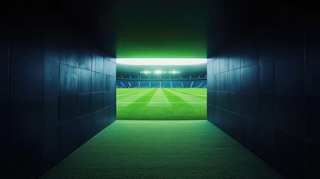 Fototapeta Players tunnel view, stadium, night game, spotlight