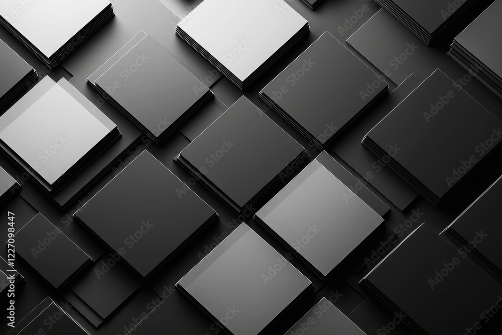 Poster minimalist pattern of overlapping squares in monochrome gradients from black to light gray with brig