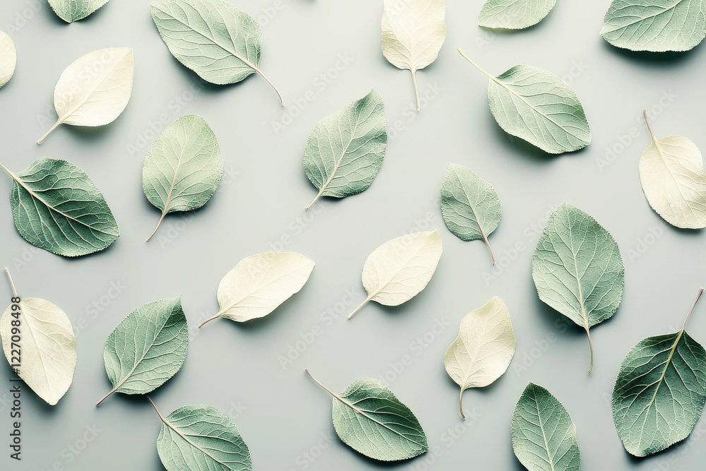 Poster minimalist pattern featuring scattered abstract leaves in soft sage green and cream tones on a pale 