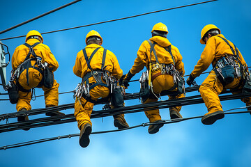 Electricians working high above the ground, repairing power lines under a clear spring sky.