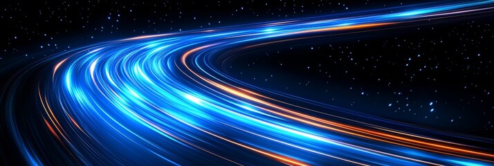 Obraz premium Dynamic Electric Blue Light Trails Streaking Across a Curved Road on a Dark Night, Vector Art