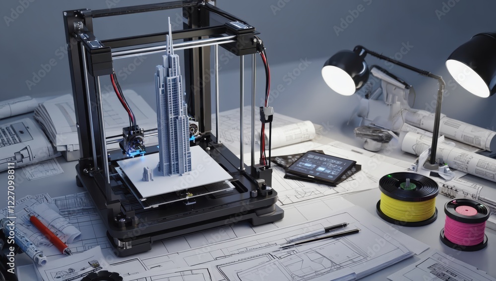 Poster modern 3d printer is creating a skyscraper model on an architect's desk surrounded by blueprints, sp