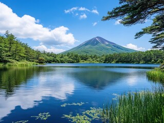 Idyllic landscape view of a mountain reflected in a lake under a blue sky with clouds