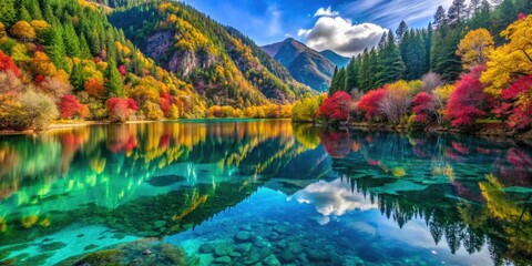 Jiuzhaigou's Five Flower Lake: Azure waters, breathtaking scenery, showcasing China's natural beauty through macro photography.