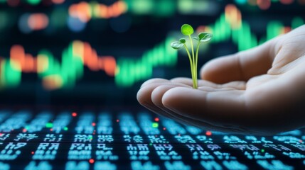Green Growth and Financial Success, Hand Holding Sprout with Stock Market Data Overlay