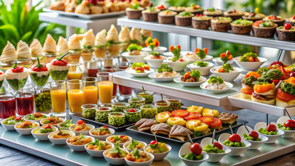 Lavish wedding buffet with a variety of elegant appetizers, desserts, and refreshing drinks
