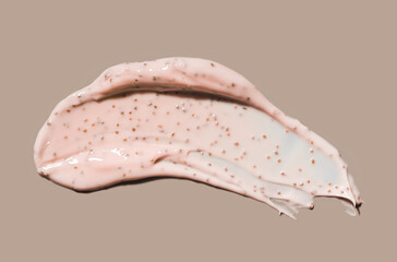 Skin care product row smears composition natural pink colored exfoliants enzyme peeling,  pits, grain ingredients on beige background