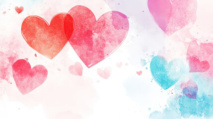 Fototapeta premium Watercolor hand drawn hearts, pastel colors, clean white background, romantic aesthetic template. Generative AI