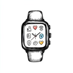 A sketch of a smartwatch displaying various health and activity icons, showcasing digital connectivity and fitness tracking features.