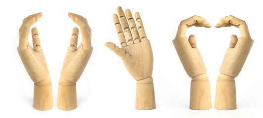 Set  of wooden hands of mannequins  for drawing showing different gestures isolated on white background.