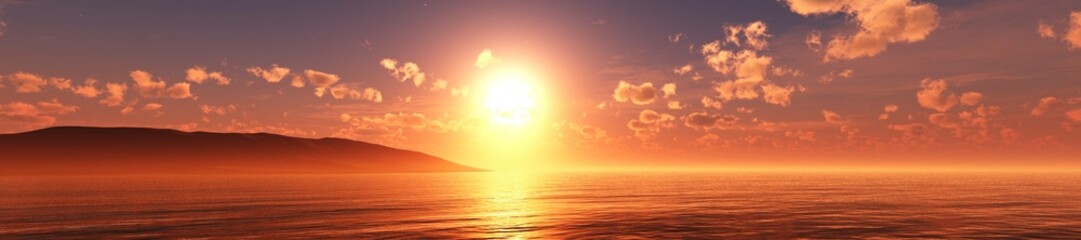 Panorama of sea sunset, ocean sunrise, seascape, 3d rendering
