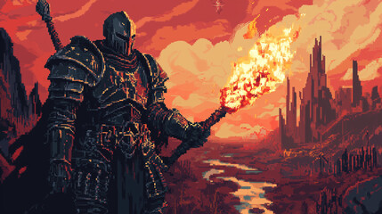 Fototapeta premium A dark-armored anti-paladin summoning unholy flames in a cursed wasteland , computer game, pixel art style