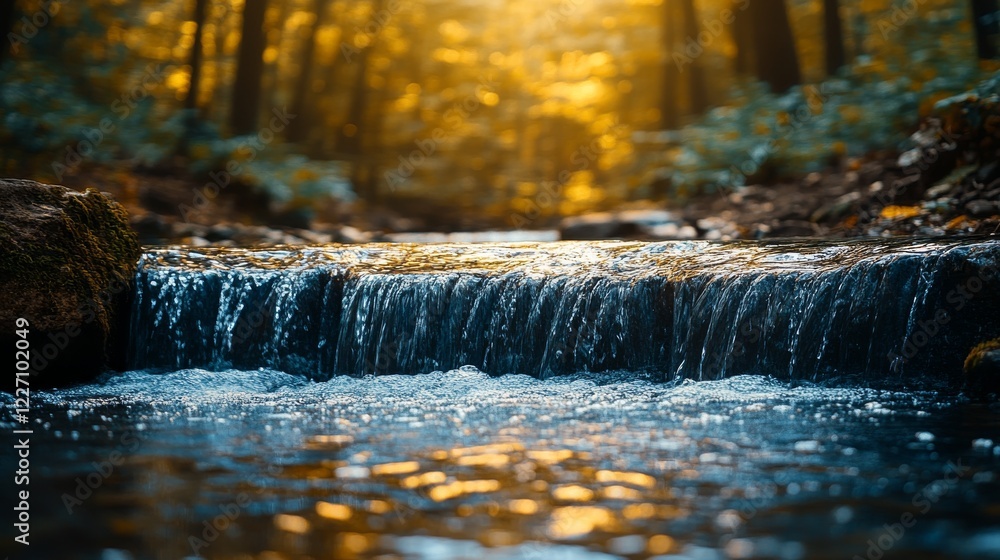 Aufkleber a small waterfall cascades over a rocky ledge in a serene forest setting with golden light filtering